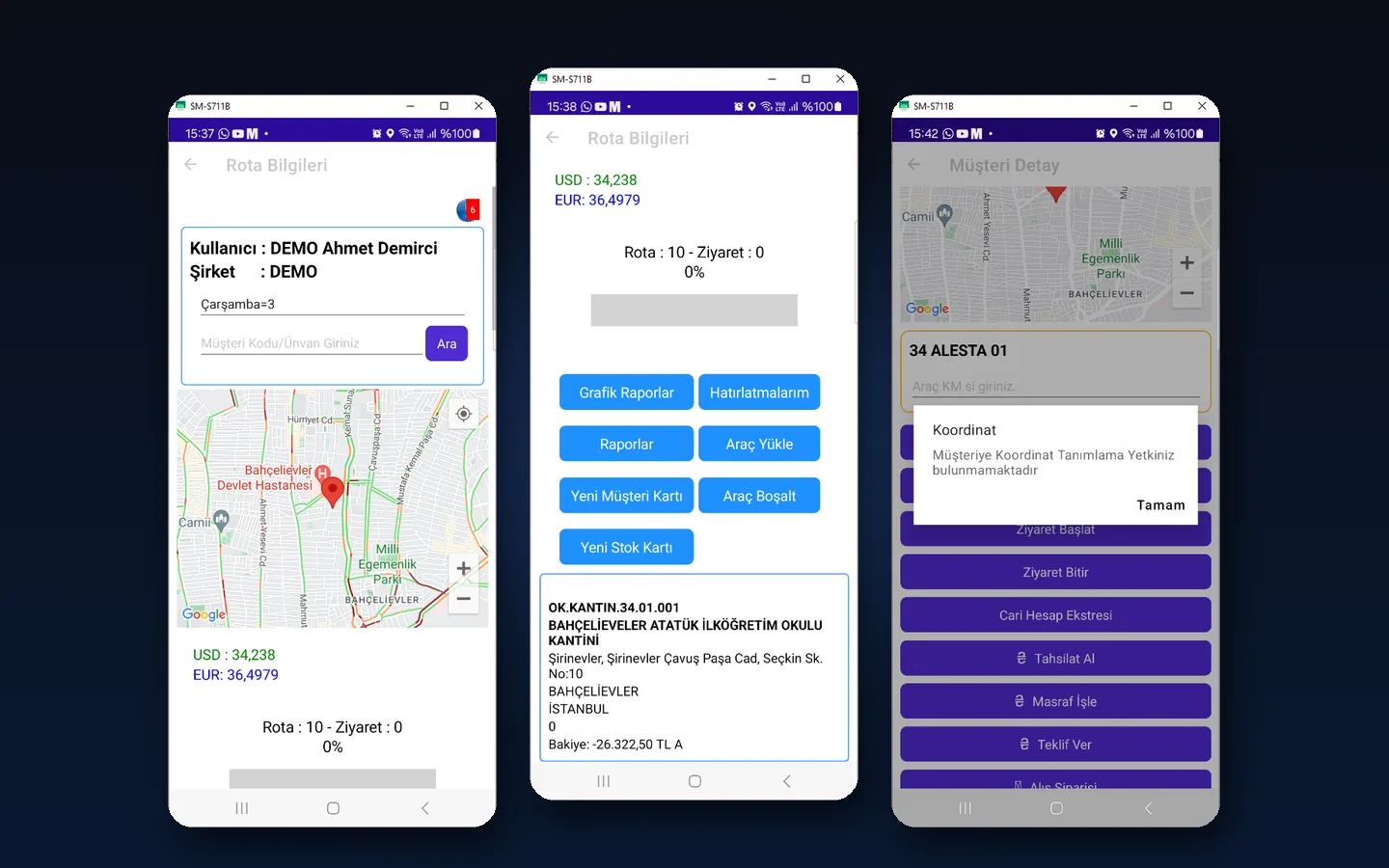 Alesta Mobile rota ve müşteri ekranları